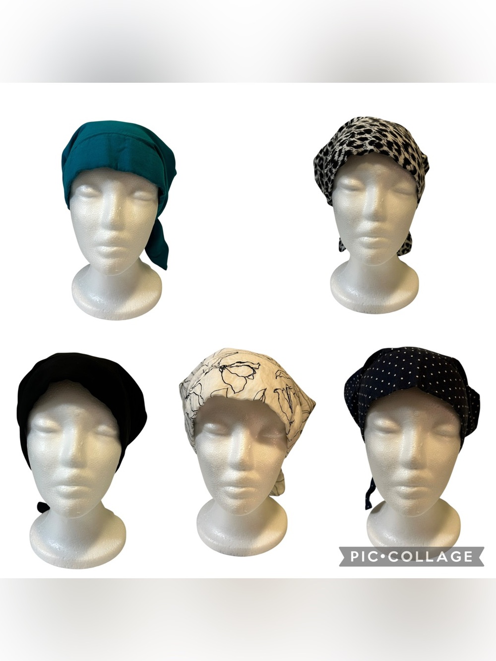 Five Women’s Headscarves in Teal, Black, Cream, White Floral, and Navy Dot